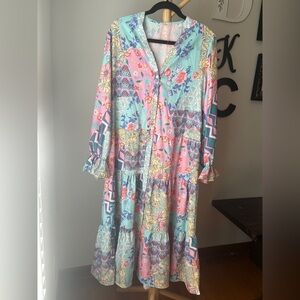 Sunday Up Tiered Floral Maxi Dress pink blue Ruffle Patchwork Belted Size XL